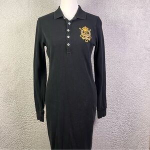 Ralph Lauren Sport Polo Dress Womens Small Black Gold Crest Long Sleeve Preppy